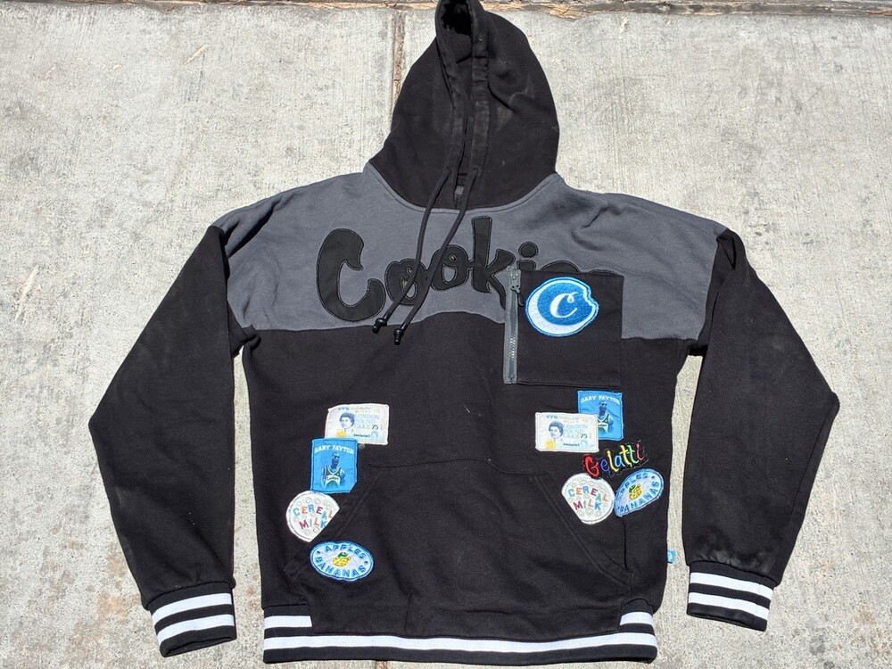 Cookies Clothing Men’s Medium Patchwork Hoodie Black Gray Embroidered Flags